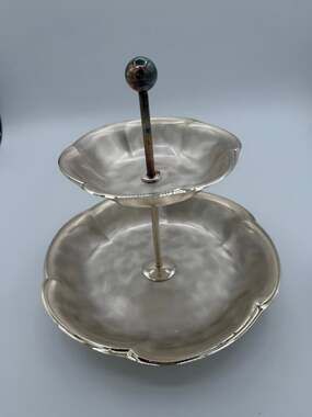 Vtg WMF Ikora silver-plated two-tier serving tray brushed finish scallop edge *